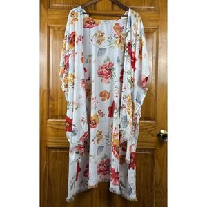 Umgee Boho Floral Kimono Flowy Oversized Fringe Trim Boho Hi-Low S/M Layering